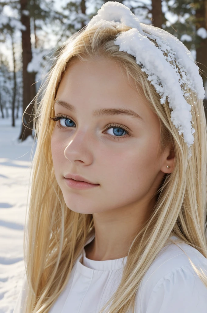 bianca, a 17 year old girl with delicate features. She has blonde hair and curious eyes. Their skin is white as snow, and she exudes an air of grace and mystery.