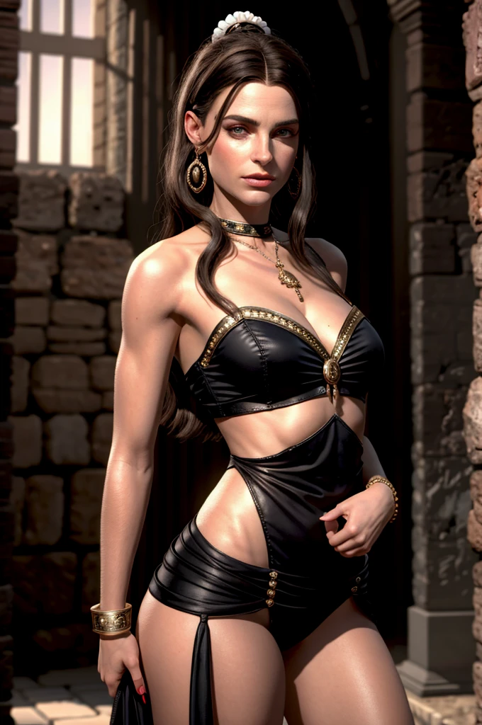 Mesalina in a ancient rome 41bc, sexy outfit, front side, several ugly guys near of her on the background, in a lupanar. Cinematic, 16k, uhd, photorelisim