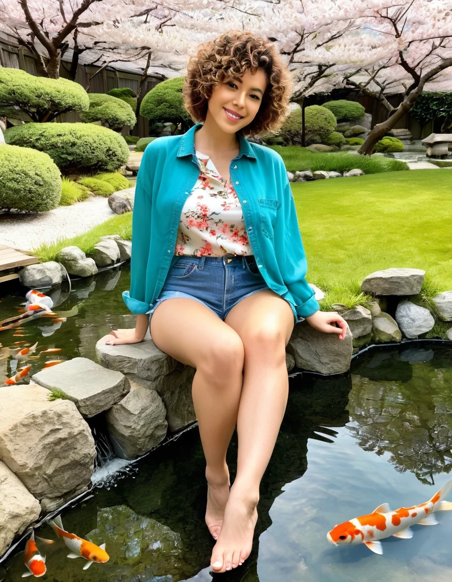 A woman with short curly hair, wearing a teal top and denim shorts, sitting in a tranquil Japanese garden with cherry blossoms and a koi pond.