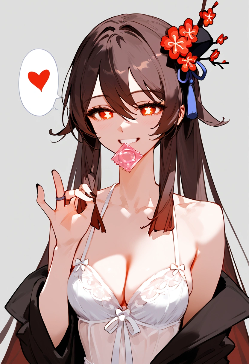 anime artwork, score_9, score_8_up, score_7_up, score_6_up, score_5_up, score_4_up, hu tao, she is 24 years old, style_3, gray background, , , , , _, smile, solo, bridal lingerie, holding condom, speech bubble, fellatio gesture