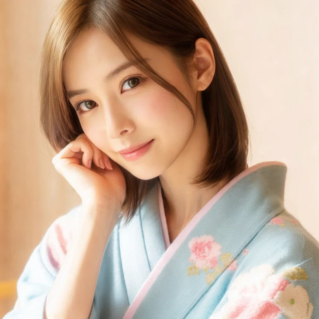 masterpiece , highest quality , super detailed , 8k , photographic ,cute woman , 18-year-old, 1 girl , sweater , bangs , smile ,  , symmetrical eyes , brown hair , bob cut , In front of Shinagawa Station , ticket gate ,
