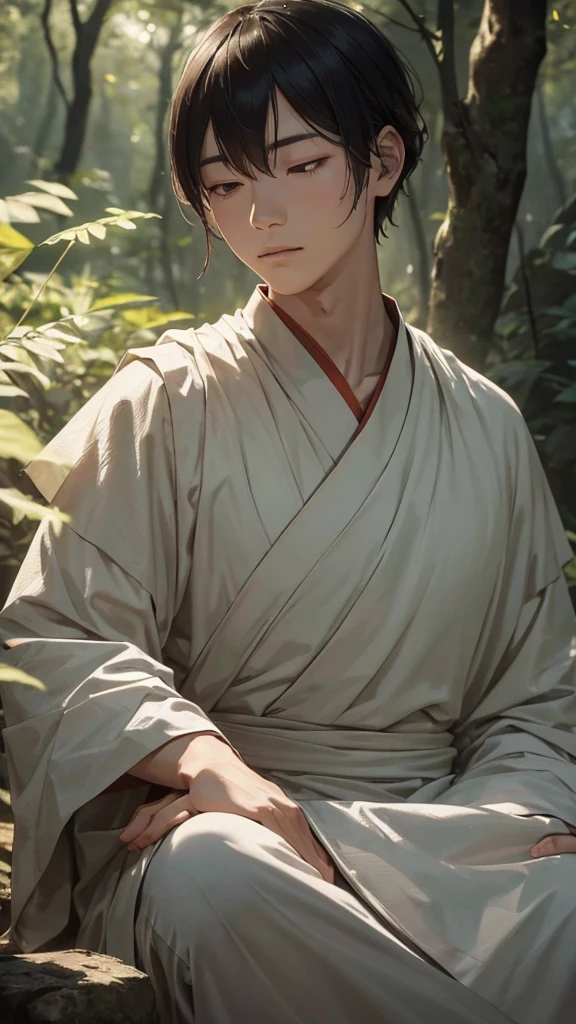 A Buddhist monk in a serene meditation pose, meditating in a peaceful forest setting, detailed facial features, intricate robes, natural lighting, cinematic composition, muted color palette, atmospheric depth of field, masterful chiaroscuro lighting, highly realistic, photorealistic, 8K, best quality