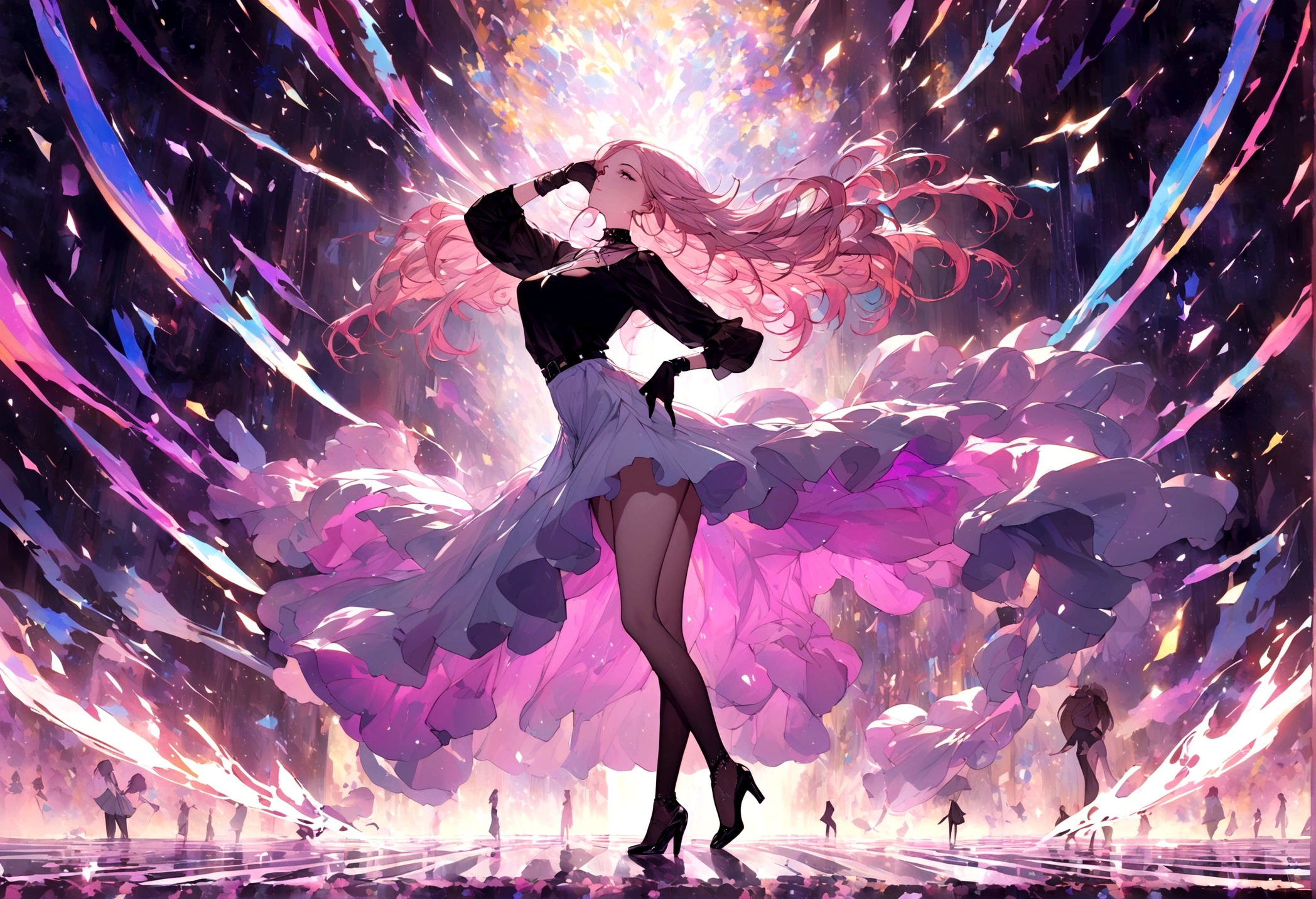 In a world filled with vibrant colors and intricate details, a graceful 2D anime-style woman moves elegantly in her modern room to the hypnotic beats of electronic dance music. She exudes a sense of beauty and grace, her modern outfit accentuating her fluid movements. This stunning image captures the essence of both contemporary fashion and dance, depicted in a high-quality digital painting that immerses viewers in the enchanting atmosphere of the scene. Every detail, from the flowing lines of her hair to the dynamic poses she strikes, is meticulously rendered with precision and skill