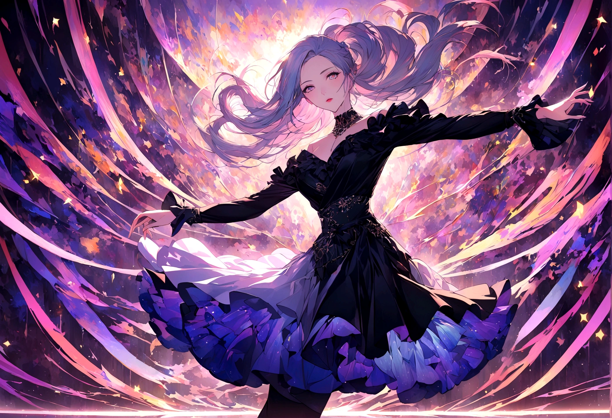 In a world filled with vibrant colors and intricate details, a graceful 2D anime-style woman moves elegantly in her modern room to the hypnotic beats of electronic dance music. She exudes a sense of beauty and grace, her modern outfit accentuating her fluid movements. This stunning image captures the essence of both contemporary fashion and dance, depicted in a high-quality digital painting that immerses viewers in the enchanting atmosphere of the scene. Every detail, from the flowing lines of her hair to the dynamic poses she strikes, is meticulously rendered with precision and skill