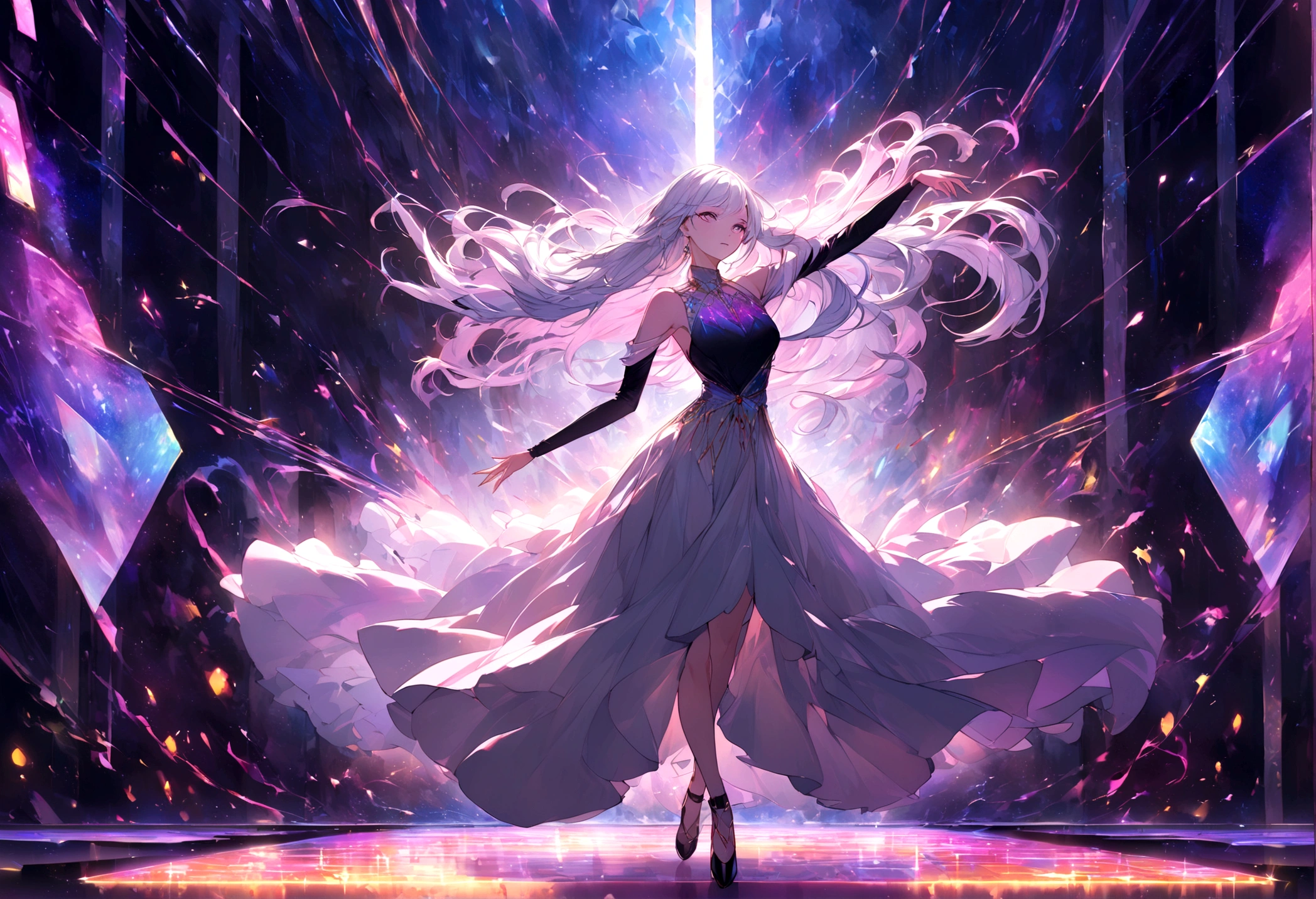 In a world filled with vibrant colors and intricate details, a graceful 2D anime-style woman moves elegantly in her modern room to the hypnotic beats of electronic dance music. She exudes a sense of beauty and grace, her modern outfit accentuating her fluid movements. This stunning image captures the essence of both contemporary fashion and dance, depicted in a high-quality digital painting that immerses viewers in the enchanting atmosphere of the scene. Every detail, from the flowing lines of her hair to the dynamic poses she strikes, is meticulously rendered with precision and skill