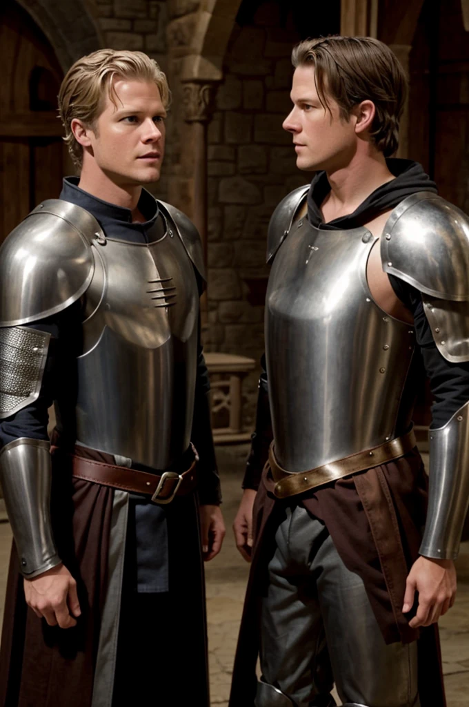 Christopher Egan as a handsome medieval knight in armor, without a helmet, talks with a beautiful lady