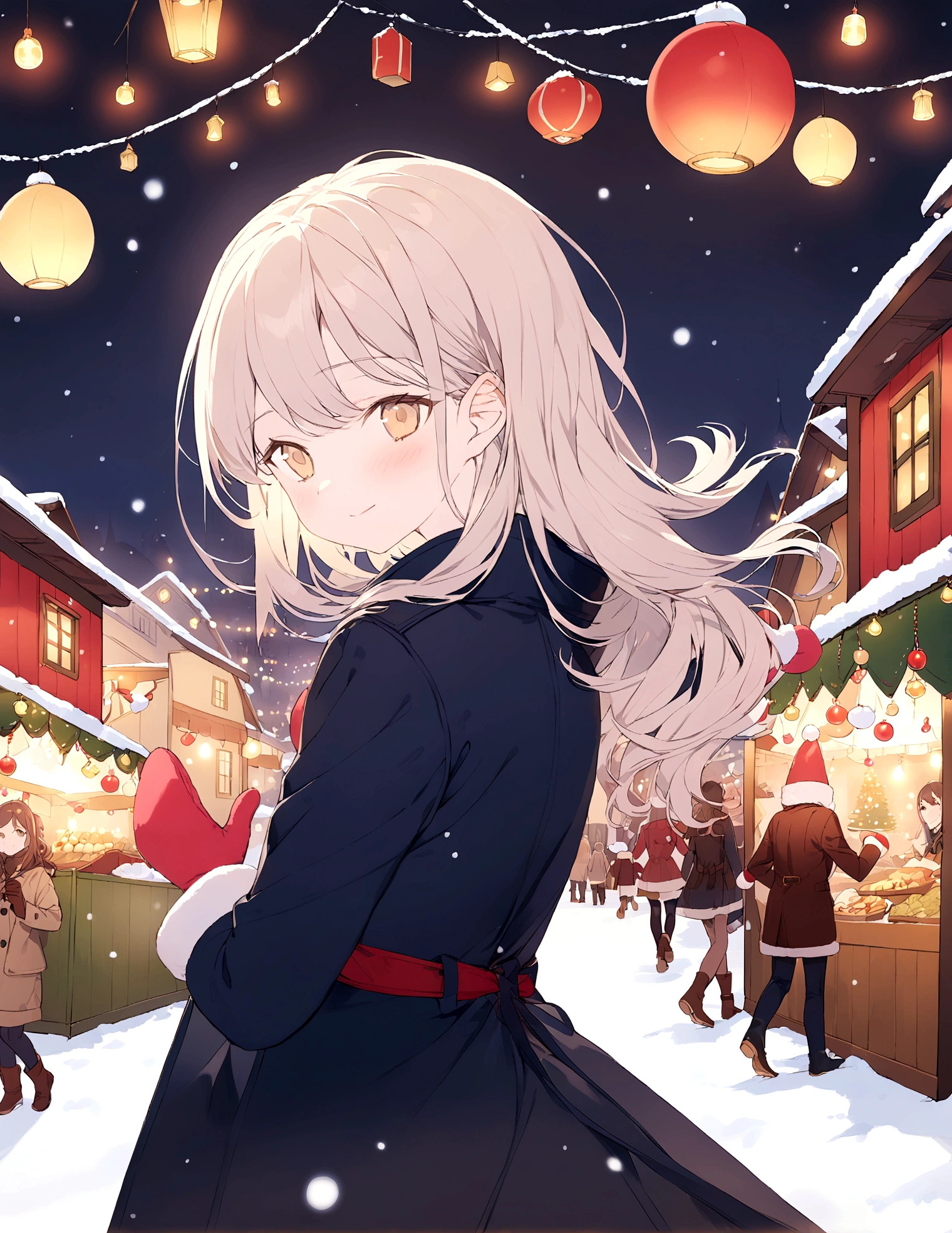 European style town, winter night, Christmas market, warm light, girl in coat, soft smile, upturned cheeks, soft moving hair, looking back, snow, ornaments, twinkling lights, gloves, mittens,