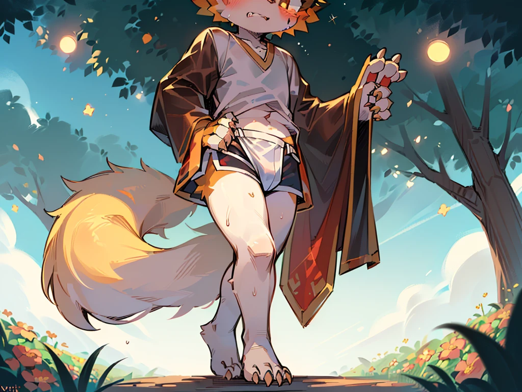 masterpiece,high quality,abstract res,number\(artwork\), From dagasi, Yes,Seizan,(Flower Charcoalo,蓬松的fur,character focus:1.1),Flower Charcoalo male cat,Bright eyes, panoramic, character focus.(Detailed background:0.6), solo, hairy, hairy male, Male focus, Flower Charcoal,(Full Body hairy的, hairy的尾巴)fur,White Leg Clothing,A five-year-old boy,blush,vitality,Acting cute,cute,Hip bulge,Toddler,白色shorts,Bright red pupils,The tail tip is white,The ends of the limbs are white,cute的肉垫,Claw,cute的男孩们,The ear tips are orange,Big hairy ears,hairy的大尾巴,,White top,shorts,Thin body,No muscles,非常cute,Very shy,White at the end,Yellow hair,White top,丰富的fur(Detailed tasks),Fox Tail,Fox ears,Large target, hairy的尾巴,cute的爪子和肉垫,Expose内裤,Cream panties,White panties,Sweating,Young Boy,hairy的,hairy,Thick hair,very short pants,Forest trail,Comfortable walking trail,Blue sky and white clouds 8k background,Dazzling sun,Detailed background,Thick hair,Pink eyebrows,Sweaty legs,cute。Only one tail,Toddler,Ultimate detail water,Extremely detailed lighting,Yellow hair,黑色shorts,Expose内裤,White panties,Expose,Small tiger teeth,clever,calm,Expose,Shy expression,Facing the camera,Cream white shirt,White loincloth。
