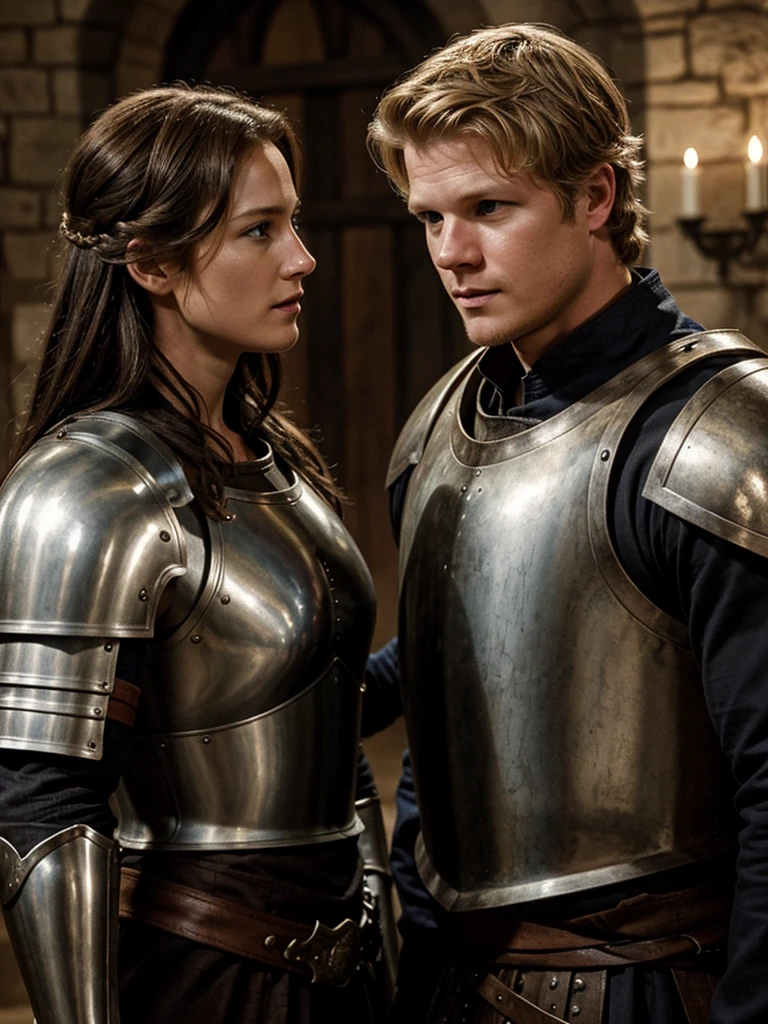 Christopher Egan as a handsome medieval knight in armor, without a helmet, talks with a beautiful lady