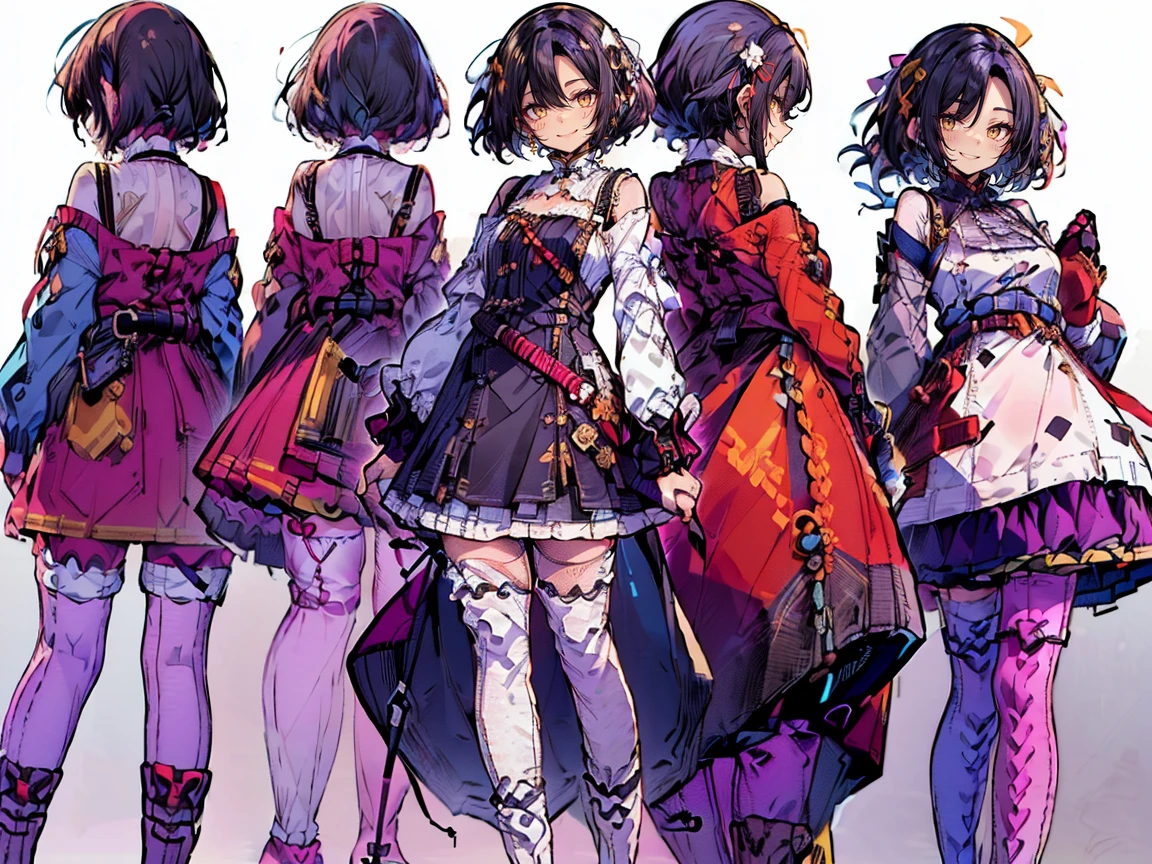 (((三面figure, 正面figure, 側面figure, Back view, Multiple Views, Various poses and expressions, Many parts)), Concept Art, character Concept Art, Character Sheet, whole body, figure, (Simple Background, Gray background), One character, 1人のgirl, Fantasy art:1.1), (Fischer:0.7), Rekkyo Sensen, rekkyou sensen, girl((Black Hair, bangs, (One side up, Long Wavy Hair, ribbon:1.55), Perfect hands, Perfect Fingers, (Exposed breasts, Cleavage, Chest close-up:1.2), dress((suspenders, dress, belt, Nuns:1.15), (Blue clothes, Frilled shirt, White knit sweater, Long sleeve, frills dress, Frilled Skirt, wind blowing dress, Long sleeve, (White legwear:1.55), Knee socks, single Knee socks, Single Leg Wear, Black footwear, Strap shoes:1.42))