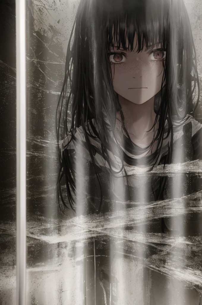 1girl, black hair, (cowboy_shot:1.2), face focus, long hair, sidelocks, scared,(terrified:1.1) expression, holding teddy bear, atmospheric lighting, moody, darkness, in an old abandoned museum, transparent glass display cases filled with interesting objects, dusty, post-apocalypse, cobwebs, superb, beautiful 8k wallpaper, extremely detailed, intricate