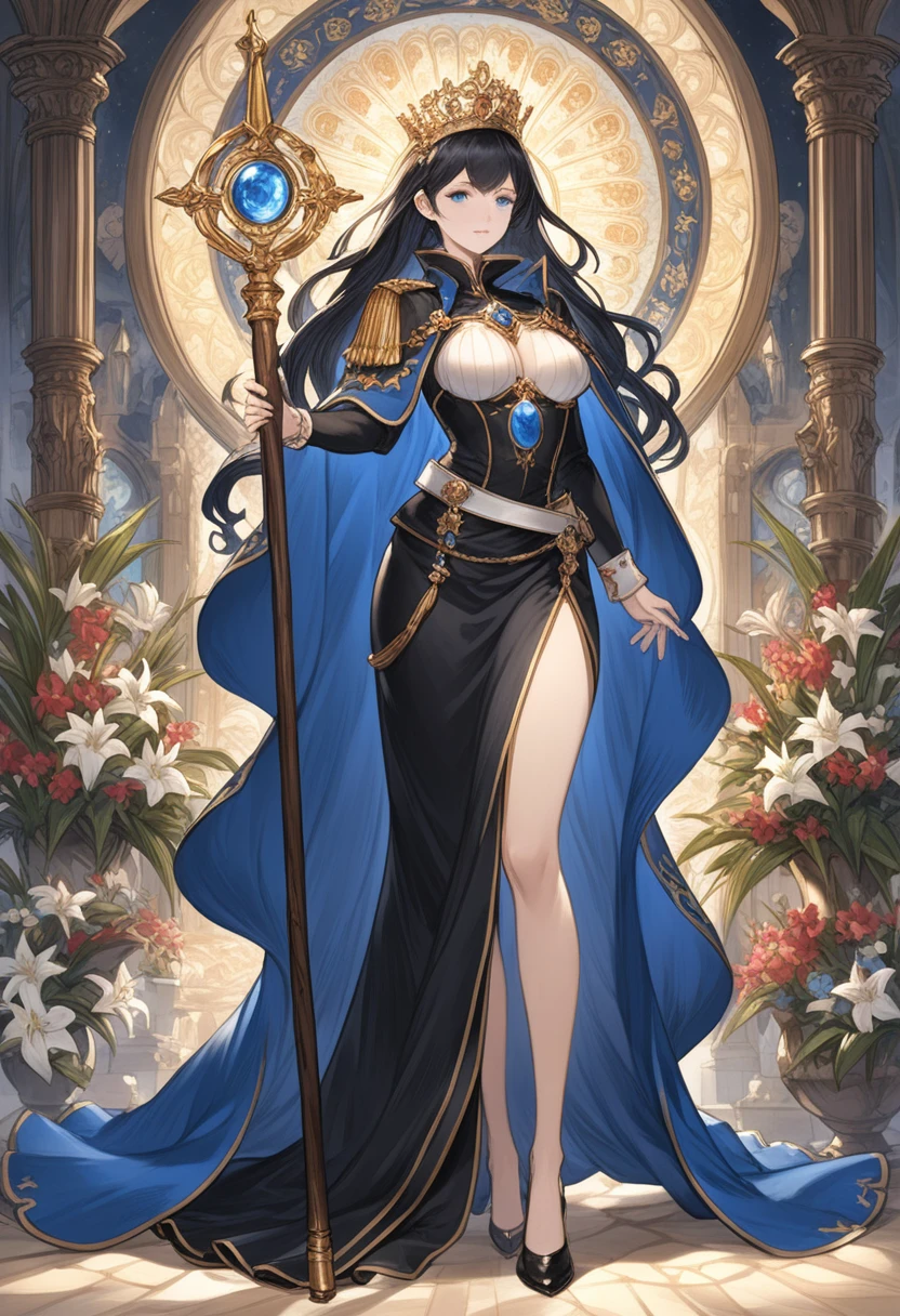 Grandblue_Fantasy_style_Xl, Grandblue,(Golden Ratio:1.2),(masterpiece、最high quality、high quality)、((((dramatic)))、(((beautiful)))　Black-haired woman、Wavy long hair、Pretty woman、、Hated、Black skirt military uniform、Blue Cape、Holding a stick with both hands、Empress、Staff、Our Lady、Blue Eyes、Are standing、Fantasy、Elegant、A delicately decorated metal walking stick、Dramatic Lighting、Religious paintings、Blue Gem,Delicate screen、Game illustrations、Character illustration、Lily flower pattern、Lily motif、Western style
