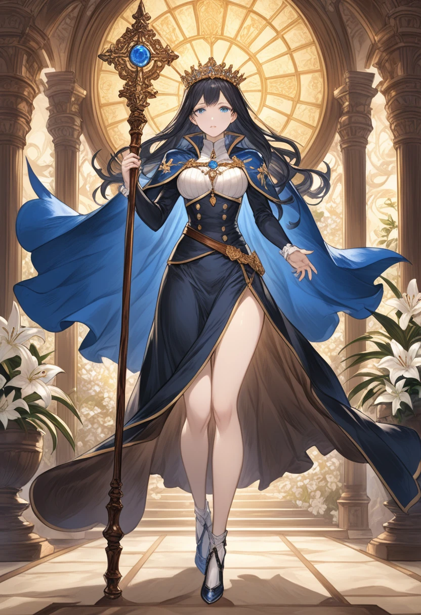 Grandblue_Fantasy_style_Xl, Grandblue,(Golden Ratio:1.2),(masterpiece、最high quality、high quality)、((((dramatic)))、(((beautiful))) Black-haired woman、Wavy long hair、Pretty woman、、Hated、Black skirt military uniform、Blue Cape、Holding a stick with both hands、Empress、Staff、Our Lady、Blue Eyes、Are standing、Fantasy、Elegant、A delicately decorated metal walking stick、Dramatic Lighting、Religious paintings、Blue Gem,Delicate screen、Game illustrations、Character illustration、Lily flower pattern、Lily motif、Western style