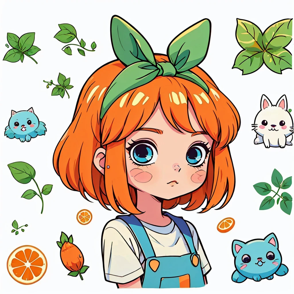 1 sticker, sticker, (cute), white background, no background,  background, minimal, cute, tiny, pastel color, vector style, no gradient, simple stickers, yotsuba nakano head, yotsuba nakano stickers, shoulder length orange hair, green ribbon, blue eyes