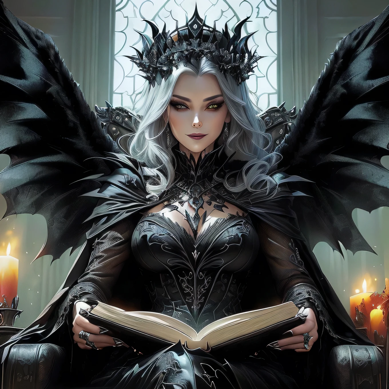 a close up of a woman in a black dress sitting on a chair with a book, villainess has black angel wings,evil smile, beautiful elegant demon queen, queen of darkness, female lord of change, perched on intricate throne, gothic fantasy art, supervillain sorceress witch, raven winged female vampire, dragon queen, dark feathered wings, zenescope