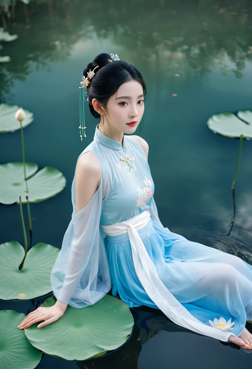 There is a blue skirt, 16 Long Legs, A woman sitting on a rock in the water, Standing gracefully on the lotus, Ethereal Beauty, Wearing blue cheongsam, court, Girl wearing Hanfu, Wearing blue cheongsam, Full of fairy atmosphere, In the pond, White Hanfu, A stunning young ethereal figure, floating dress, Light Blue, hair behind ear