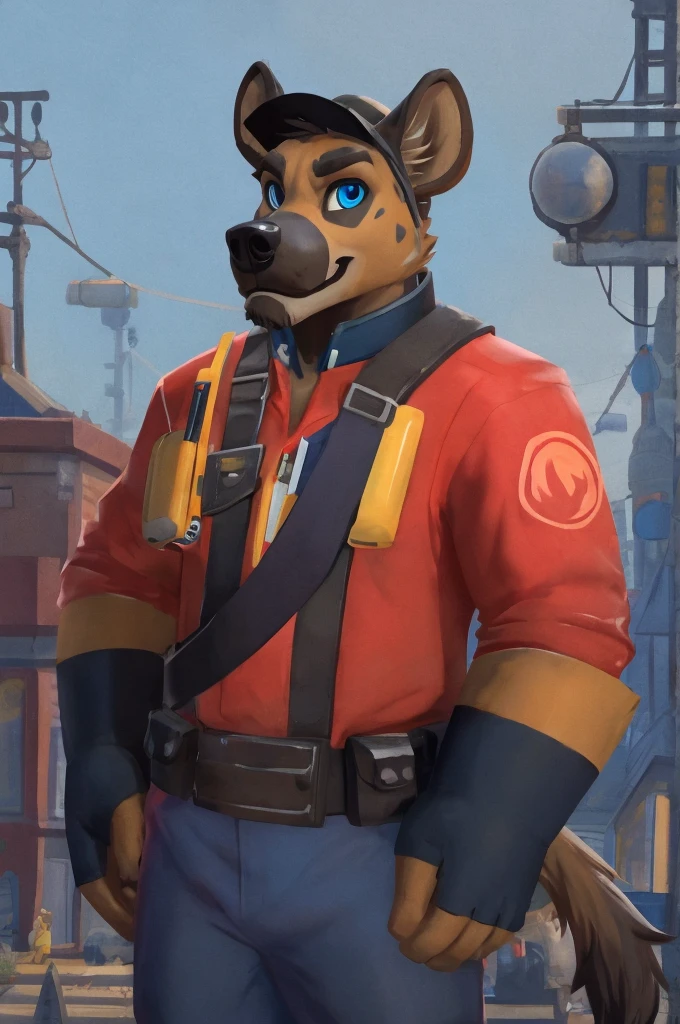 hyena, scruffy fringe, navy blue collar, blue eyes, good eyes, team fortress 2 style, dressed as pyro form team fortress 2