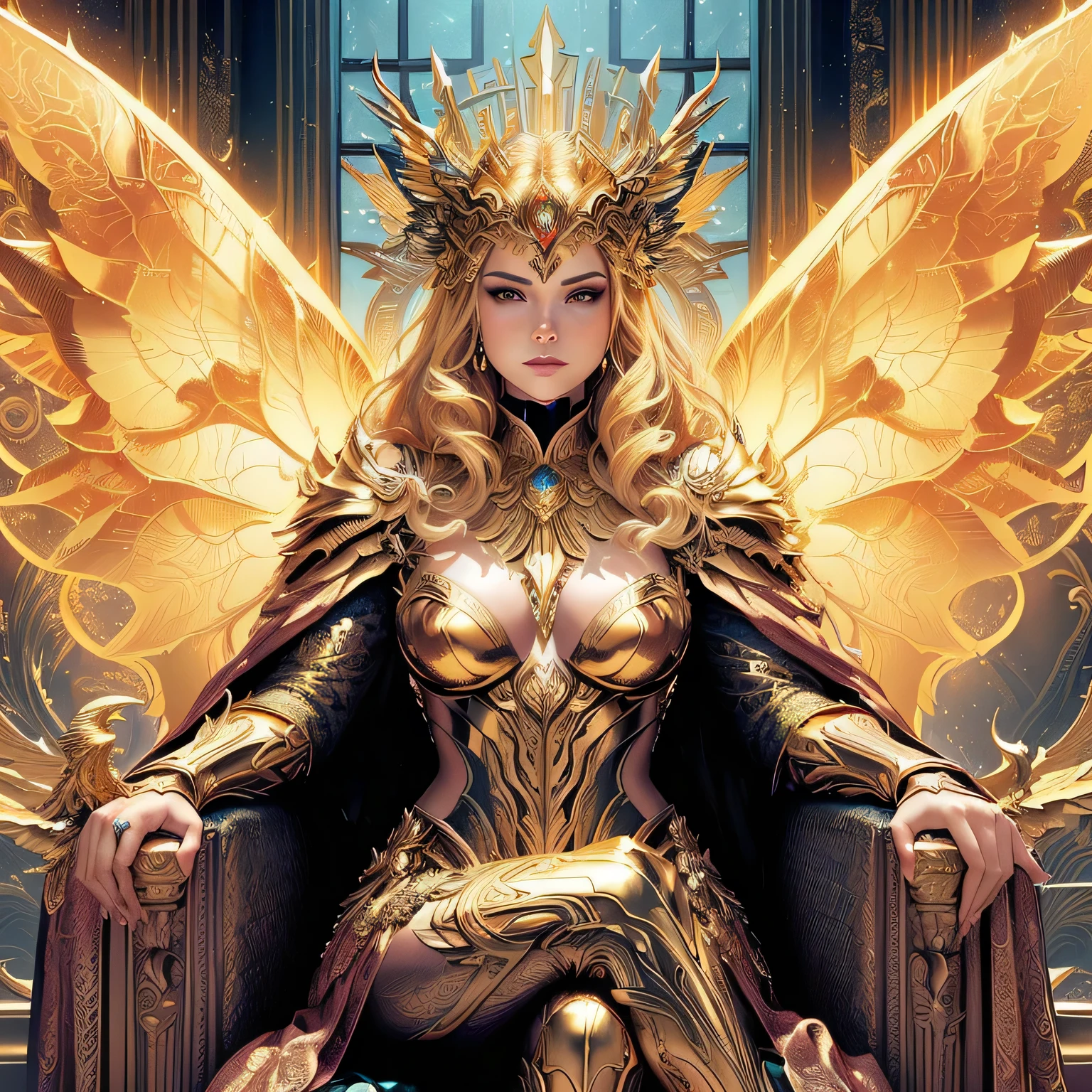 a woman in a golden costume sitting on a throne with wings, female lord of change, perched on intricate throne, sitting in a gilded throne, mystical atlantean valkyrie, portrait of queen of light, gold wings on head, artgerm julie bell beeple, by Mark Brooks, inspired by Philippe Druillet, sitting on a golden throne