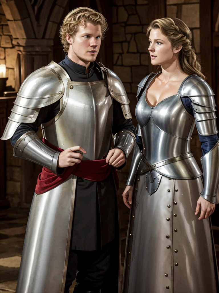 Christopher Egan as a handsome medieval knight in armor, without a helmet, talks with a beautiful lady