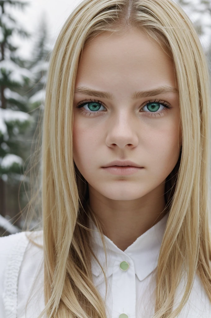 bianca, a 17 year old girl with delicate features. She has blonde hair and green eyes. Their skin is white as snow, and she exudes an air of grace and mystery. angry expression