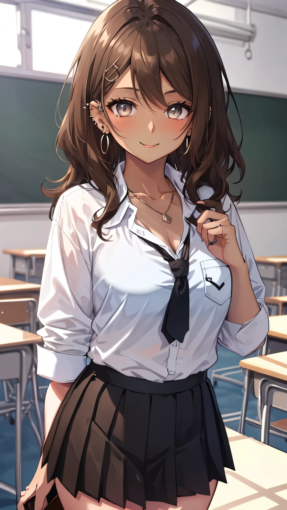 ((masterpiece、Highest quality、Very detailed))、One Girl、((Brown skin:1.5))、gyaru、Brown Hair、Long Hair、Grey Eyes、evil smile、lip、((lots of piercings))、Large Breasts、((White shirt))、necklace、((Black pleated skirt))、Cowboy Shot、Classroom Background