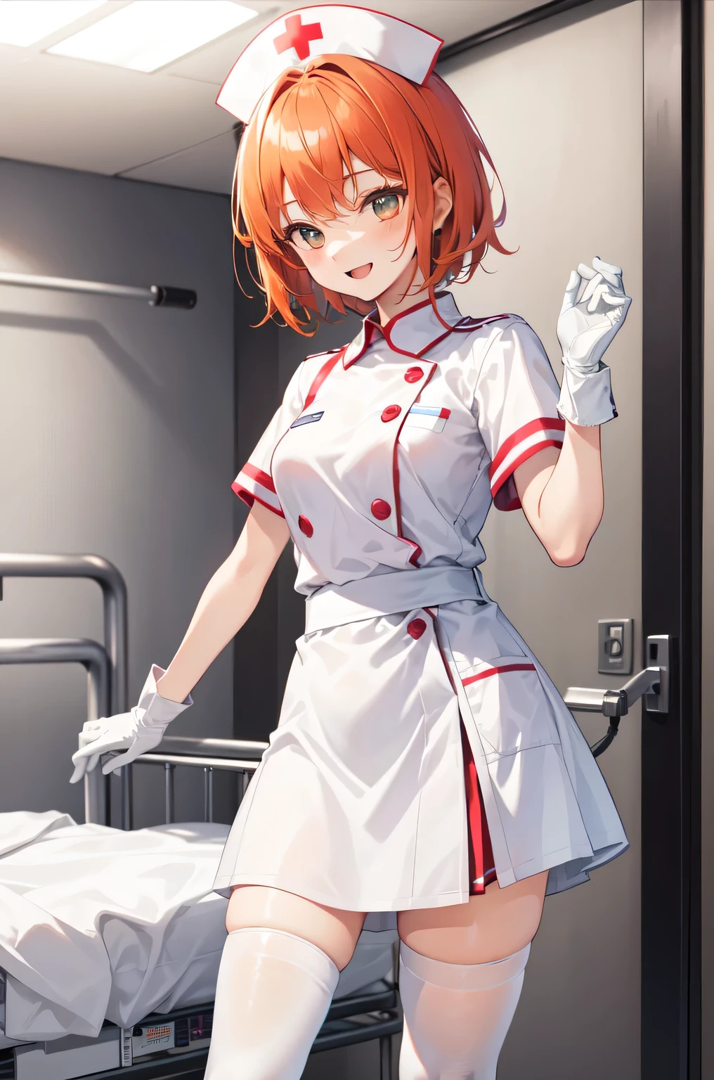 1girl, solo, nurse, nurse cap, white nurse uniform, ((white legwear, zettai ryouiki)), white gloves, very short hair, orange hair, smile, open mouth, standing, ((hospital room)), sharp outline, short sleeves, tomboy, boyish, best quality, masterpiece