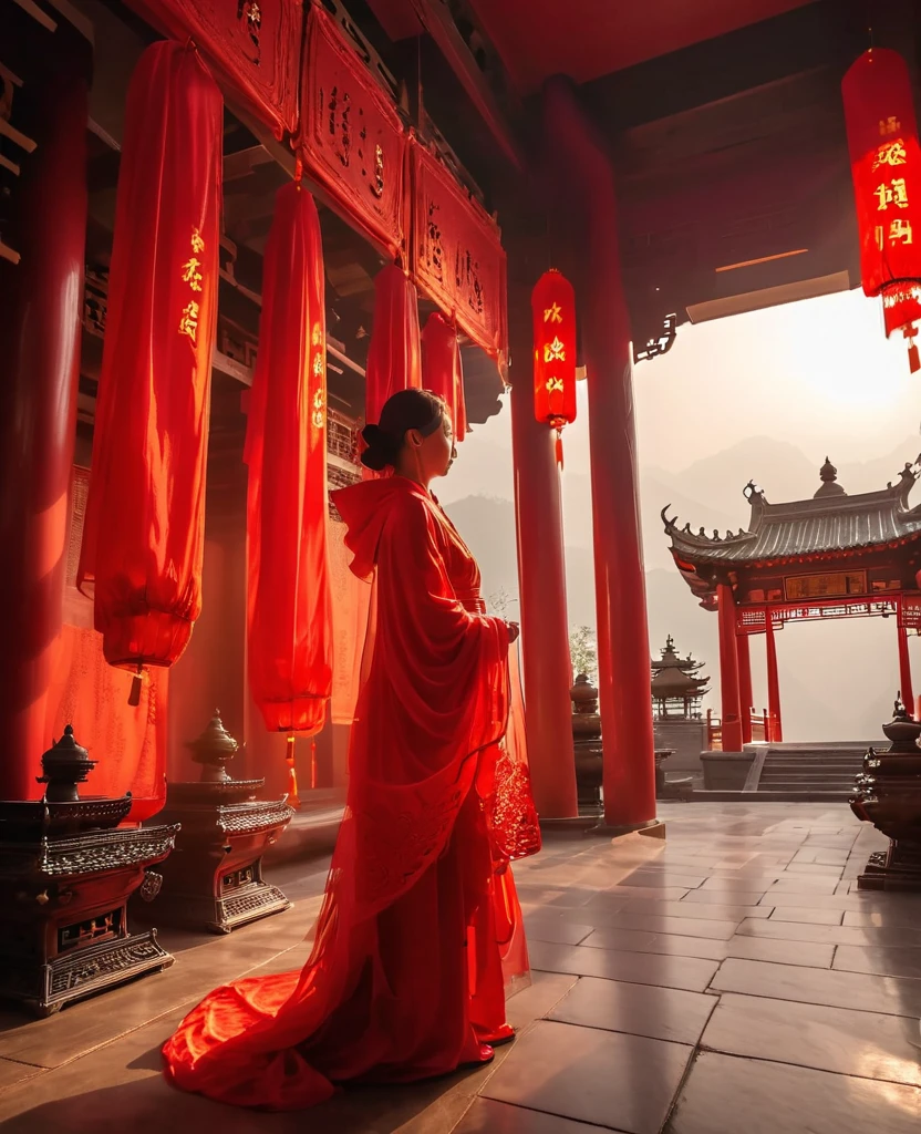 A young woman, wearing red wedding dress, head covered with red cloth, can not see the face clearly, red embroidered shoes, behind is a Buddha statue, standing in the temple, vista, full-body view, weak candlelight, scary atmosphere, Chinese traditional culture 