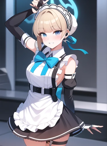 best quality, masterpiece,  toki, halo, short hair, maid headdress, maid apron dress, detached sleeves, thigh strap, fingerless gloves, earpiece, chest harness, waist bow, looking at viewer, blush, parted lips, teeth, arched back, arm up, cowboy shot,