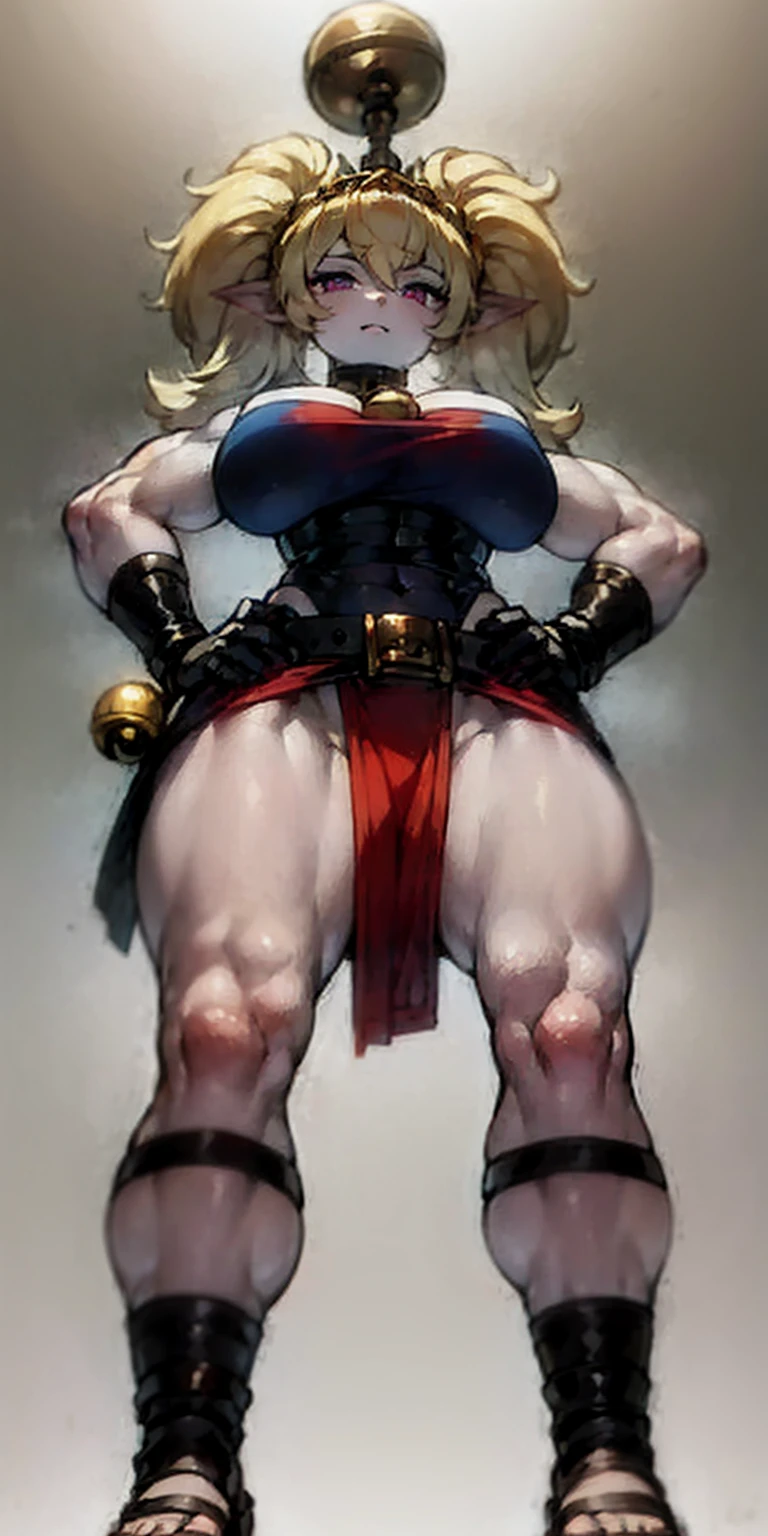 Poppy the keeper blue pale skin full body whole body 1sologirl loincloth standing warrior proud expression, hands on hips, loincloth standing, hands on hips, metal sandals, leather choker with golden bell bellybutton navel, leather corset, big belt, view from below, feet together, bracers, tiara
