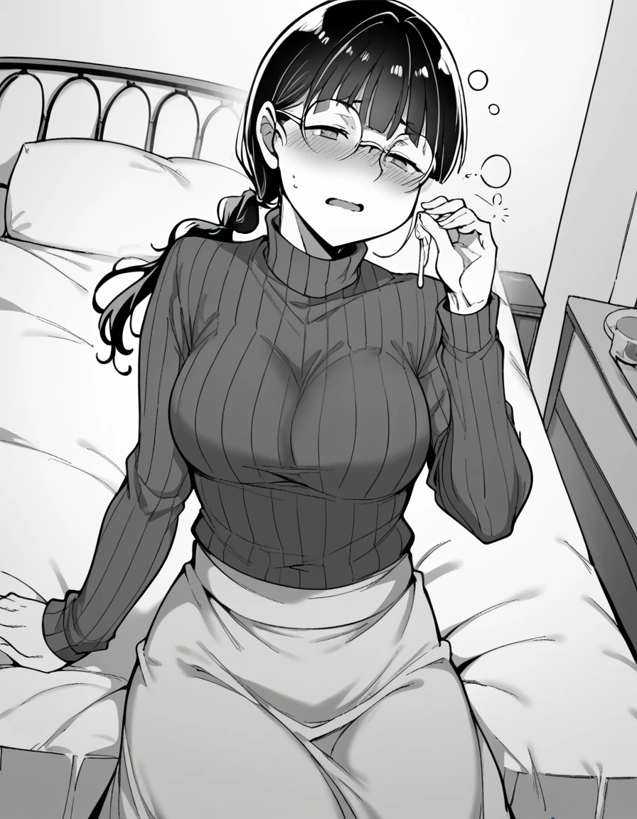 score_9, score_8_superior, score_7_superior, sauce_anime,
ringoyamiyoshi, miyoshi, Long Hair, bangs, Braiding, Glasses, twin Braidings, Monochrome, grayscale,
Long sleeve, belly button, sweater, turtleneck, turtleneck sweater, skirt, long skirt,
indoor, bed, bed room, ~ side, blush, Drunk,
View your viewers, alone, Dutch Angle, Cowboy Shot,