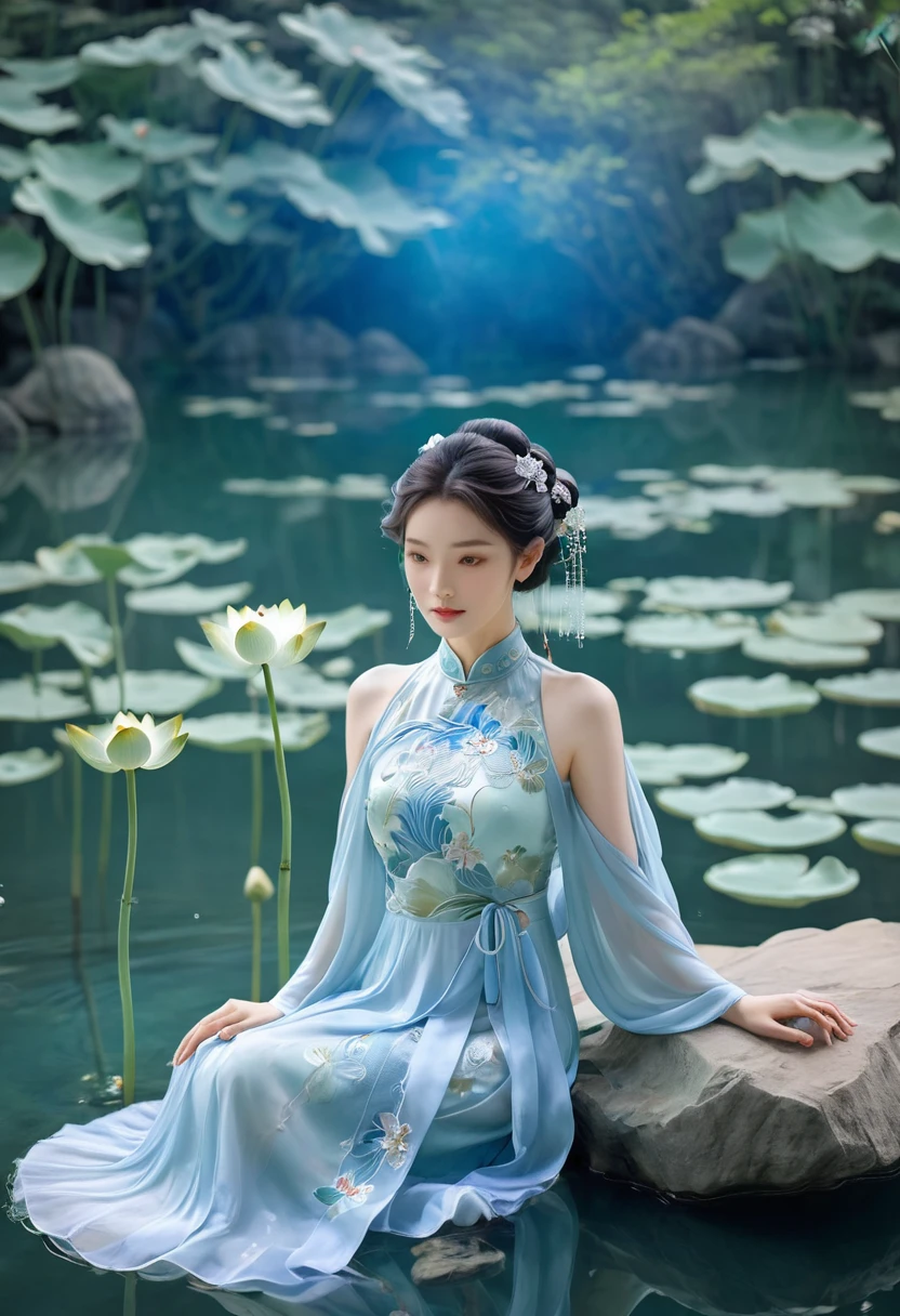 There is a blue skirt, 16 Long Legs, A woman sitting on a rock in the water, Standing gracefully on the lotus, Ethereal Beauty, Wearing blue cheongsam, court, Girl wearing Hanfu, Wearing blue cheongsam, Full of fairy atmosphere, In the pond, White Hanfu, A stunning young ethereal figure, floating dress, Light Blue, hair behind ear