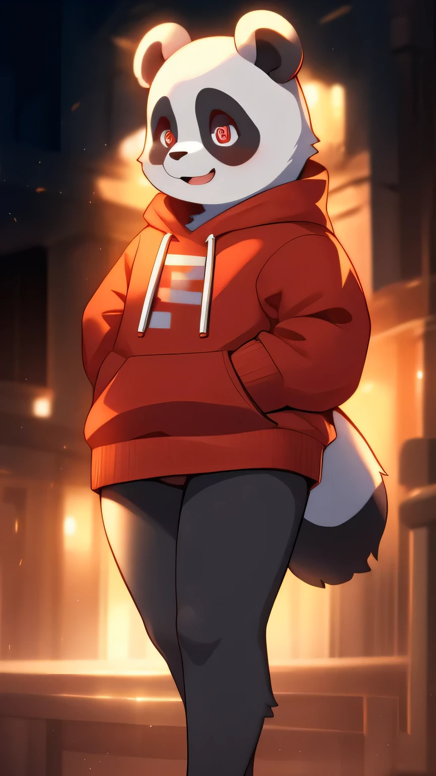 whole body像,best quality,high quality,Detailed body,Delicate eyes,Delicate face,masterpiece,best quality, Ultra-detailed illustrations, Warm colors, Ideal lighting, Perfect details, ( Boy furry panda:1.4) , Female face and body, Thick and unkempt hair, Red and black sweatshirt,Mechanical prosthesis, Shy laugh, Sissy, Small waist, Wide hips, Slim, Perfect body, style &References;No need&References;whole body,Three-toed foot,3 toes