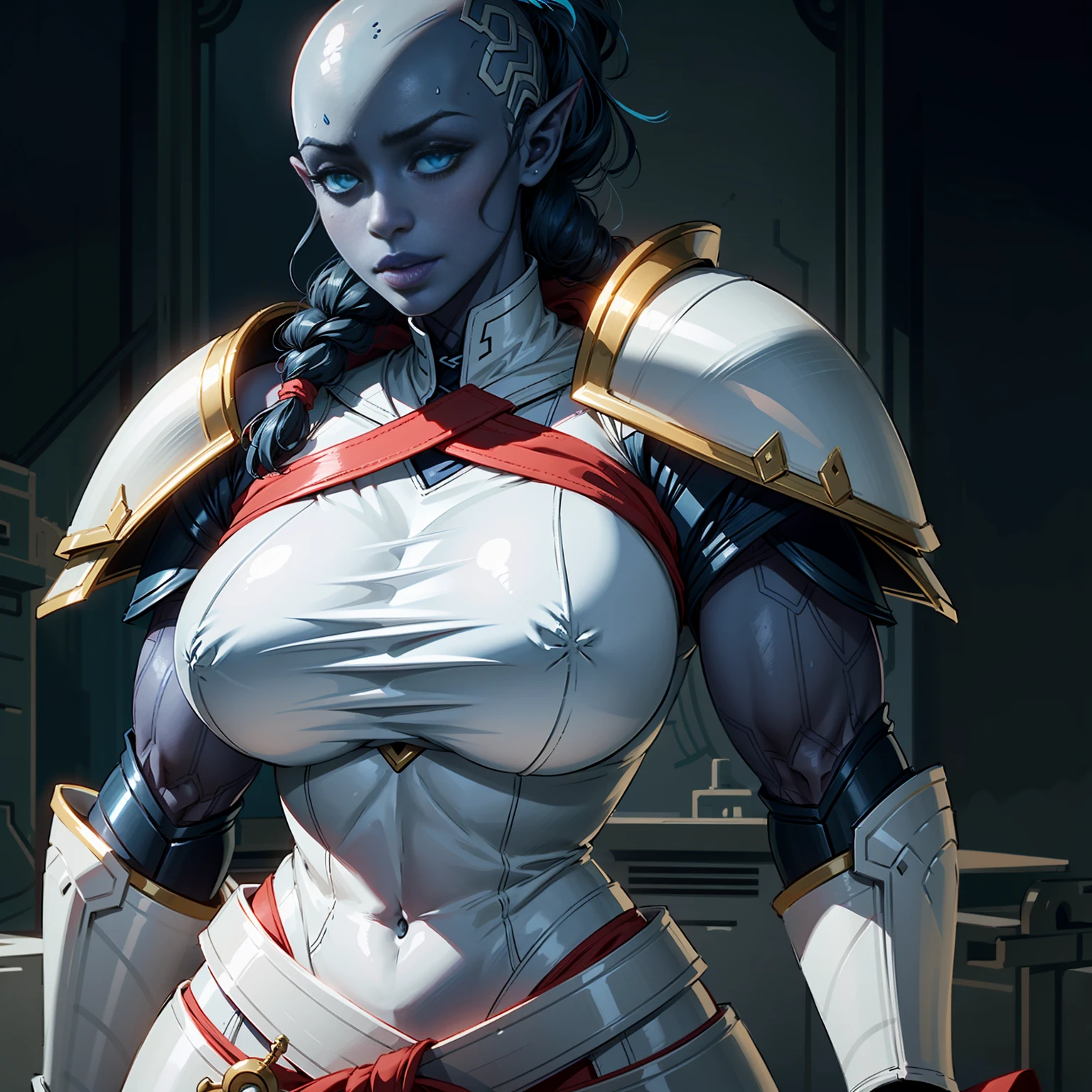 (((1girl:1.8))), ((bulky woman:1.5)) sehele style, anime style, (((dark elf))) (((blue skin:1.5))) (((smoldering eyes))), ((bald:1.5)), ((no hair:1.5)), 8k, 4k, Unreal Engine 5, (braided ponytail:1.3), octane render, trending on pixiv, ((huge shoulder pads:1.7)) (wide shoulders:1.1), (large biceps:1.5), fanbox, skeb, (((white armor:1.5))), masterpiece, ((slendered abs:1.2)),(pressed breasts together:1.4), (full bodied), wide hips, (full lips:1.5), smooth soft skin, big dreamy eyes, beautiful anime wide eyes, soft lighting, concept art, digital painting,