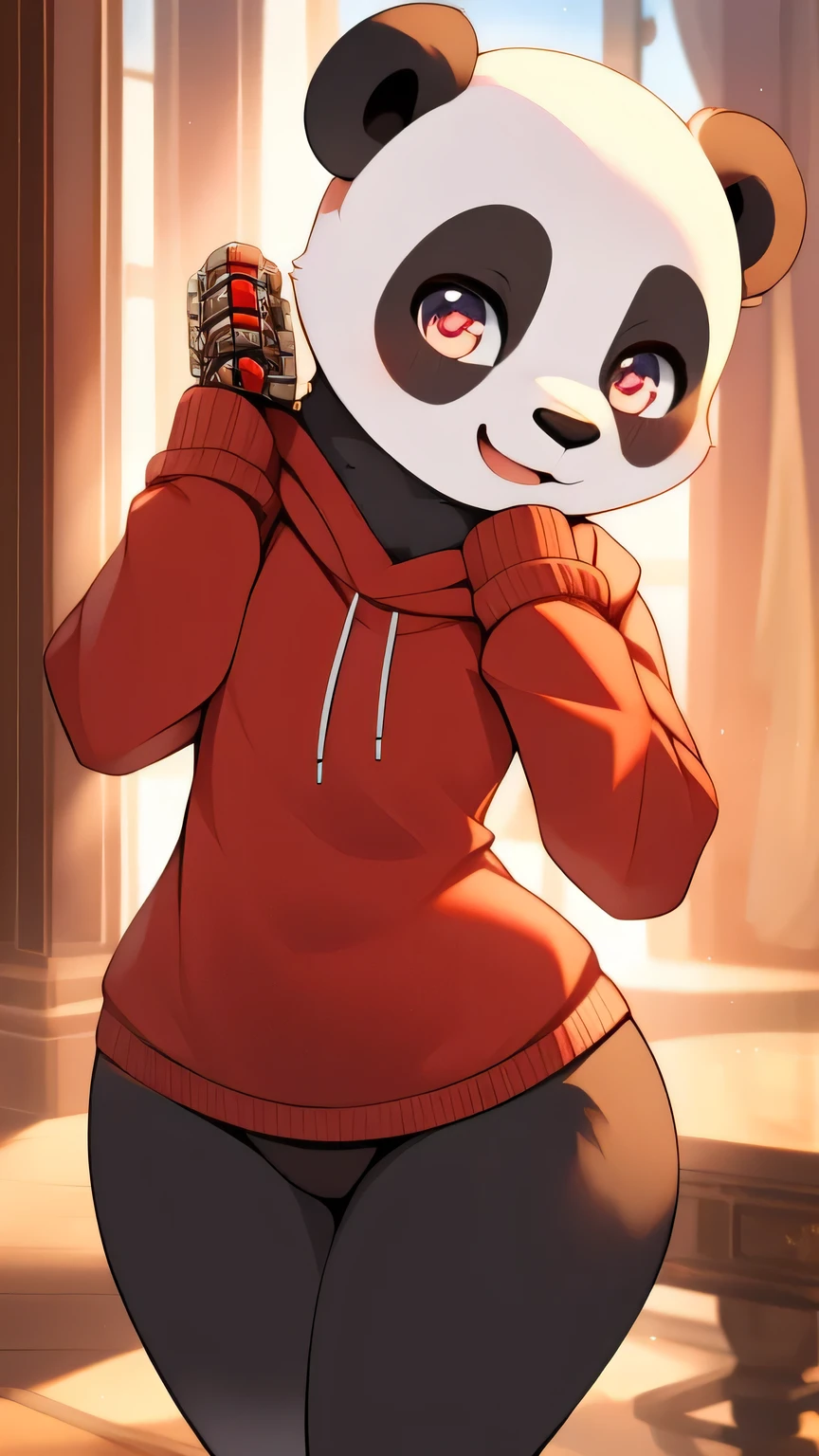 whole body像，best quality,high quality,Detailed body,Delicate eyes,Delicate face,masterpiece,best quality, Ultra-detailed illustrations, Warm colors, Ideal lighting, Perfect details, ( Boy furry panda:1.4) , Female face and body, Thick and unkempt hair, Red and black sweatshirt,Mechanical prosthesis, Shy laugh, Sissy, Small waist, Wide hips, Slim, Perfect body, style &References;No need&References;whole body,Three-toed foot,3 toes