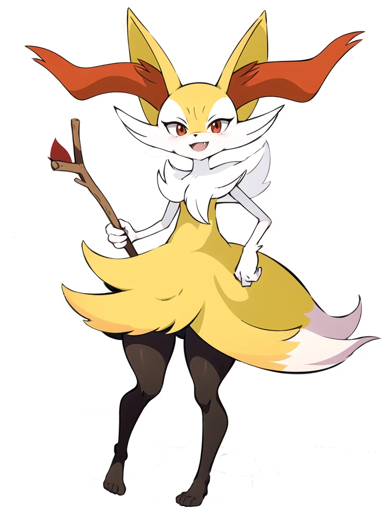 1girl, 独奏, looking at viewer, smile, open mouth, simple background, red eyes, white background, holding, animal ears, standing, tail, full body, fang, hand up, signature, flat chest, animal ear fluff, fox ears, pokemon (creature), fox tail, happy, fox girl, furry, skin fang, furry female, body fur, white fur, animal nose, snout, stick, yellow fur, black fur, holding stick, digitigrade, multicolored fur , braixen, 8K, masterpiece, beautiful,Redraw it with a beautiful anime picture、Don't change the design