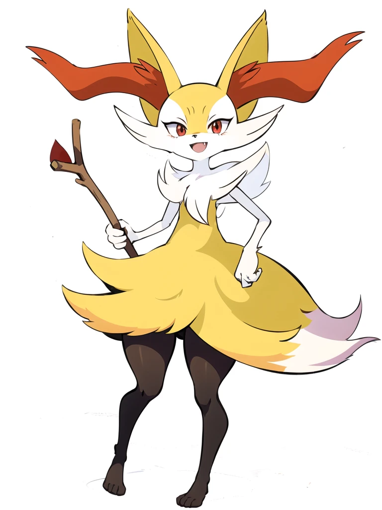 1girl, 独奏, looking at viewer, smile, open mouth, simple background, red eyes, white background, holding, animal ears, standing, tail, full body, fang, hand up, signature, flat chest, animal ear fluff, fox ears, pokemon (creature), fox tail, happy, fox girl, furry, skin fang, furry female, body fur, white fur, animal nose, snout, stick, yellow fur, black fur, holding stick, digitigrade, multicolored fur , braixen, 8K, masterpiece, beautiful,Redraw it with a beautiful anime picture、Don't change the design