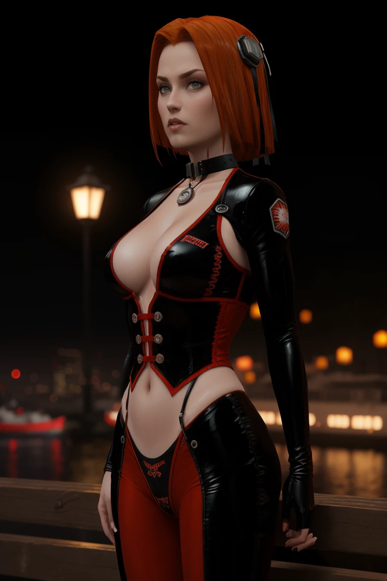 SFW, cinematic film still rayneclassic woman in black latex jacket and a white tube top, stands poised on the weathered deck of a majestic ship at night in Miami, shallow depth of field, vignette, highly detailed, high budget Hollywood movie, bokeh, cinemascope, moody, epic, gorgeous, film grain, grainy, detailed skin texture, (blush:0.5), (goosebumps:0.5), subsurface scattering
