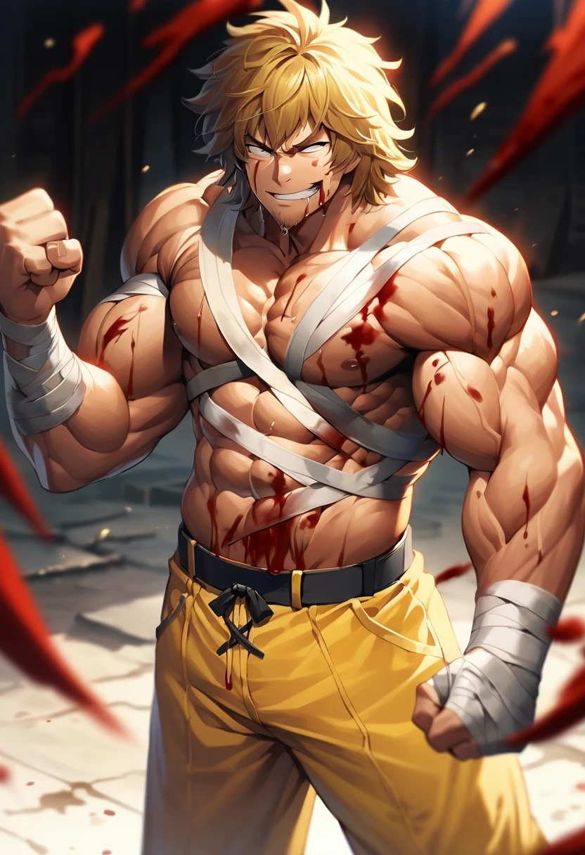 (White beautiful boy:1.2),original,solo, (((((()))))),(close eyes),(cool face,beautiful face,manly face:1.33),(Short, shaggy, golden hair:1.94),(muscle full-body:2.18),(Muscular abs and blood:1.68),(Blue bruises all over the body:1.65),(standing,fighting pose:1.75),(Heavy bleeding from body covered in blood-stained red bandages:1.8), (yellow pants:1.25), masterpiece, best quality, very aesthetic, absurdres