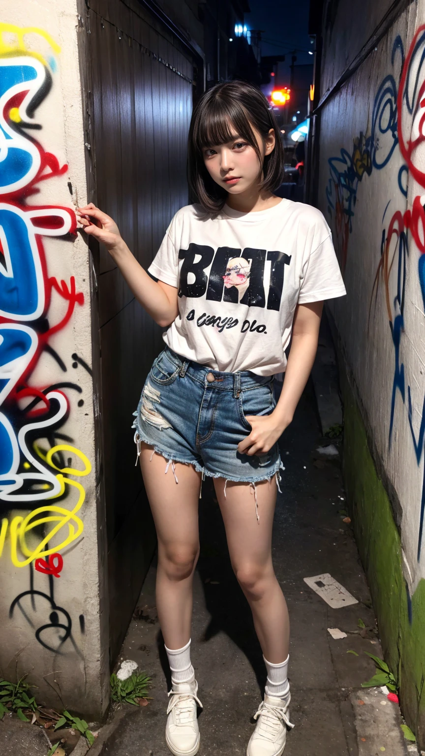 masterpiece, best quality, illustration, Super detailed, fine details, High resolution, 8K,wall paper, perfect dynamic composition,(Details High quality, realistic depiction of eyes:1.3),  (Japanese teenage girl standing in a dirty back alley at night, graffitied wall:1.1), (wearing a tattered and dirty t-shirt.:1.1), Wearing baggy pants, dirty body, short bob hair, black hair color, Big Natural Color Lip,  seductive face, provocative look, crying a little、Harajuku style、(graffiti), night time, 20 year old girl、cute type、lolita, Gravure Idol, full body photo、focus on crotch, (huge breasts)