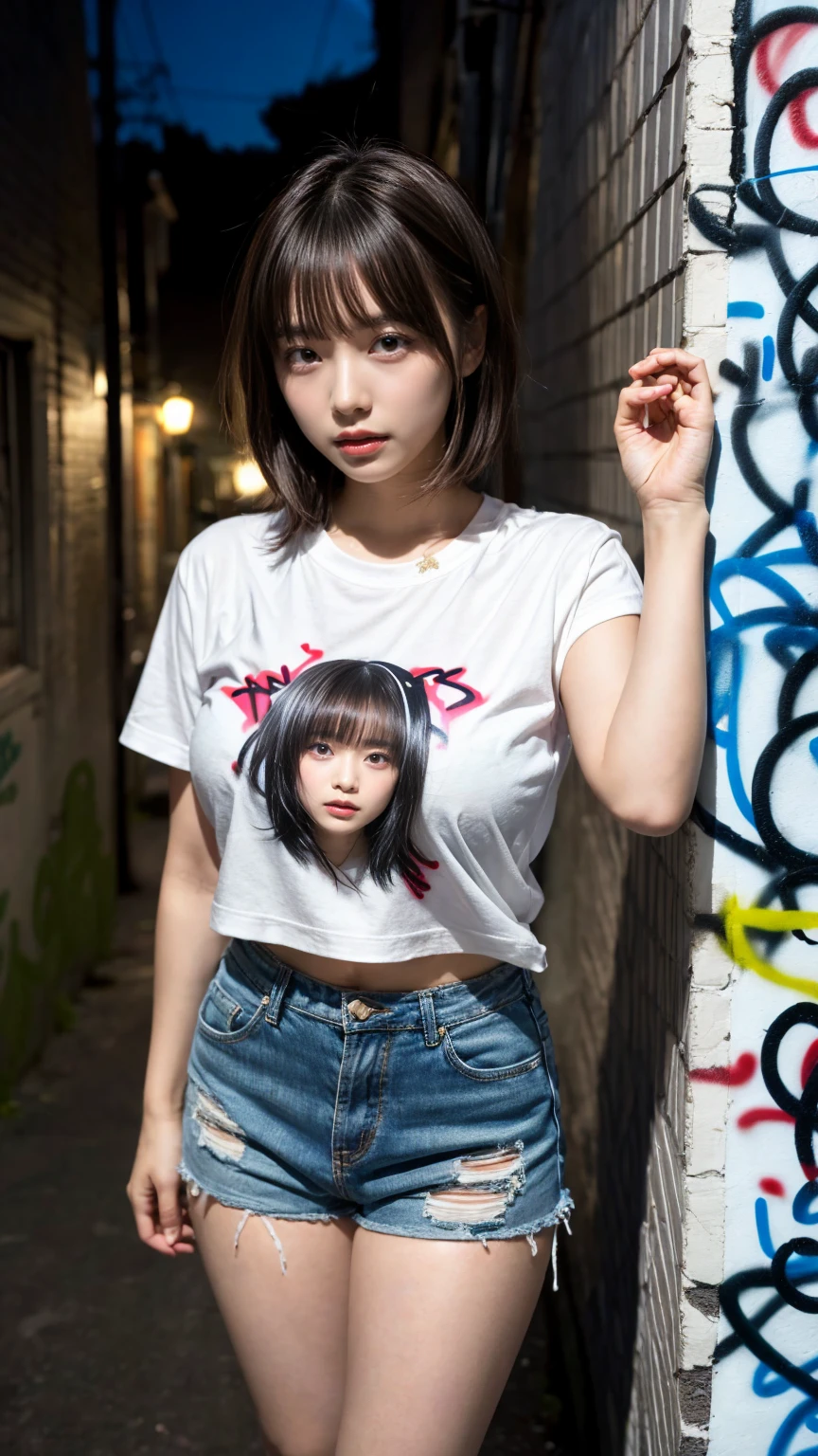masterpiece, best quality, illustration, Super detailed, fine details, High resolution, 8K,wall paper, perfect dynamic composition,(Details High quality, realistic depiction of eyes:1.3),  (Japanese teenage girl standing in a dirty back alley at night, graffitied wall:1.1), (wearing a tattered and dirty t-shirt.:1.1), Wearing baggy pants, dirty body, short bob hair, black hair color, Big Natural Color Lip,  seductive face, provocative look, crying a little、Harajuku style、(graffiti), night time, 20 year old girl、cute type、lolita, Gravure Idol, full body photo、focus on crotch, (huge breasts)
