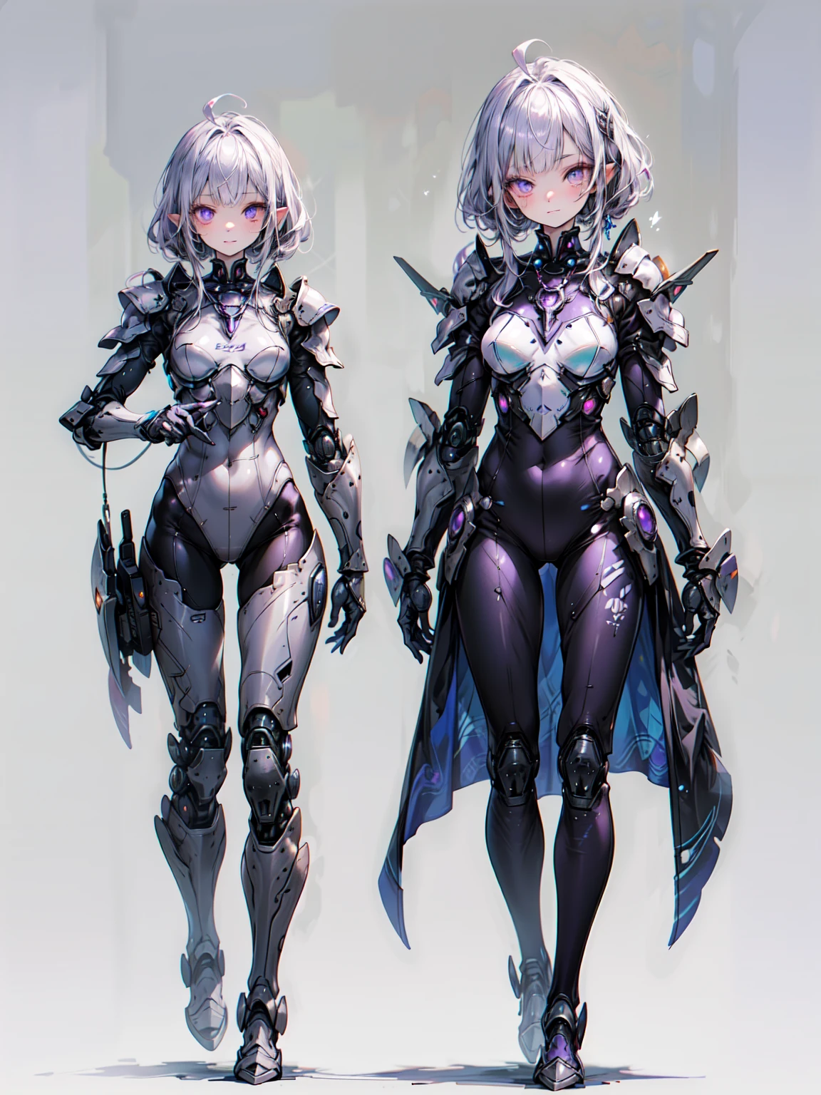Cute adult girl standing ,Girl Focus, [full body armor], Organic Armor Cyborg、Machinery Armor、((Plain gray background)),  poker face, still、(One Girl:1.3), bangs,necklace , （Snow White&#39;s Armor), Very detailedな, Crystal purple eyes,thin, Technology of Wonders, Long Hair, Animetic, alone, Silk White Hair, high quality, Mastette Piece,Very detailed,[Wide Hips] , beautiful girl, [detailed aspects], See details of actual operation, Very detailed目,Expressionless emotions, Beautiful Eyes、Blake、Armor Texture、（Dark Elf), (1 Girl), alone, Perfect Face, Get used to it, Ahoge, ((Long Hair:1.2)), [[Messy Hair]], 光沢のあるPurple Hair, Purple eyes, Variegated eyes, Purple Hair, Shining Eyes, (eyelash, eye shadow, purple eye shadow), bright, smile, Design Art：haruhiko mikimoto, by Kawashi, By Yoshitaka Amano