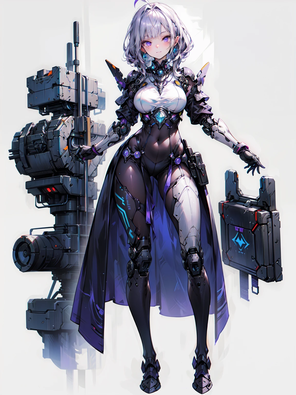 Cute adult girl standing ,Girl Focus, [full body armor], Organic Armor Cyborg、Machinery Armor、((Plain gray background)),  poker face, still、(One Girl:1.3), bangs,necklace , （Snow White&#39;s Armor), Very detailedな, Crystal purple eyes,thin, Technology of Wonders, Long Hair, Animetic, alone, Silk White Hair, high quality, Mastette Piece,Very detailed,[Wide Hips] , beautiful girl, [detailed aspects], See details of actual operation, Very detailed目,Expressionless emotions, Beautiful Eyes、Blake、Armor Texture、（Dark Elf), (1 Girl), alone, Perfect Face, Get used to it, Ahoge, ((Long Hair:1.2)), [[Messy Hair]], 光沢のあるPurple Hair, Purple eyes, Variegated eyes, Purple Hair, Shining Eyes, (eyelash, eye shadow, purple eye shadow), bright, smile, Design Art：haruhiko mikimoto, by Kawashi, By Yoshitaka Amano
