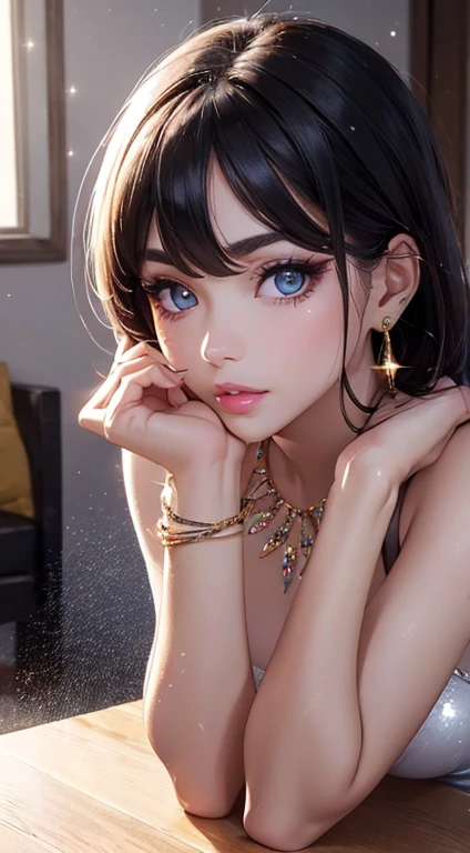 (On the table: 1.3), (Maximum resolution: 1.2), (Ultra HD TV: 1.2), Cinema Lighting, Ultra HD TV, (Delicate eyes and skin), (Detailed facial features), North African Free Trade Area, 8K resolution, Sharp focus: 1.2, Perfect Style, Pretty face, Perfect body, Accurate, Anatomically correct, Highly detailed face and skin texture, Delicate eyes, Dark blue eyes, double eyelid, Thin eyebrows, Glitter Eyeliner: 1.2, Natural Cheeks, Shiny skin, White skin: 1.2, Sparkling necklace and earrings, (Glossy Lips: 1.4), rest, One person&#39;Perspective, (She is a very cute female teacher), (Sexy pink lace), (smile: 1.2), ((Pure and cute girl:1.3)), (Long Wavy Hair), (Light brown hair:1.2),  , rest, ((Very close relationship: 1.2)), Moderate, ((Looking at the audience:1.2)), ((Library 1.2)), ((Bend your knees:1.2)), (From the side:1.2),Low angle shot,Off-the-shoulder sweater　Skinny denim mini skirt　Embarrassed look　Kamimei