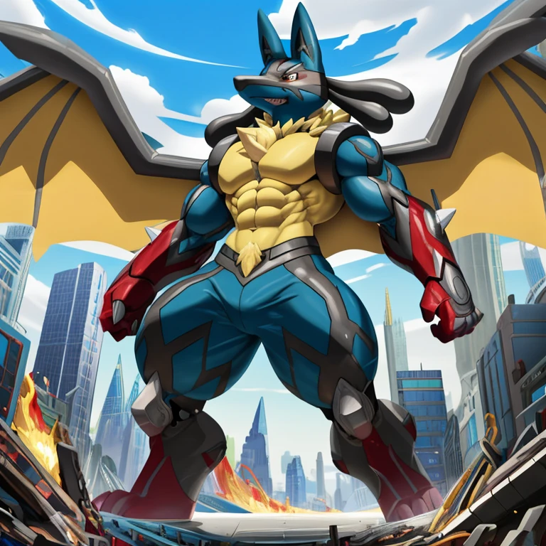 (masterpiece. official art. 8k. best quality. detailed full body. full body.)

(situation 1 : dominating mega_lucario. mega_lucario is over 1000 meters long. focus GIANT mechanical Muscular mega_lucario is trampling the city. Looking down. macro. stomp. Low-angle perspective. emphasizing the immense size.)

(situation 2 :smoke and flames rising from the destruction in the city)

(Additional details 1: wearing a full-face helmet. high-tech bio-mecha armor. real texture material. whole body shines like metal. Wearing cyberpunk mecha. emphasizes the muscles. suit fully made of metal. intricate armor. Robotic suit. suit fully made of metal. cyborg. Powered exoskeleton with the same design as mega_lucario).

(Additional details 2: (Detailed head. Detailed Body. Detailed abs. gigantic muscles. HYPER MUSCLES. Gigachad Muscular. big muscle. pecs. triceps. traps. unusually developed muscular body. body full of huge muscles. showing off muscles. pectorales enormes. Exaggeratedly huge muscles. huge muscles. long legs.).

(Additional details 3: Spread wings. It has wings. have big wings. golden wings. The claws are sharp. Sharp teeth.).

(Additional details 4: black color hyper penis. hyper black penis. big penis)