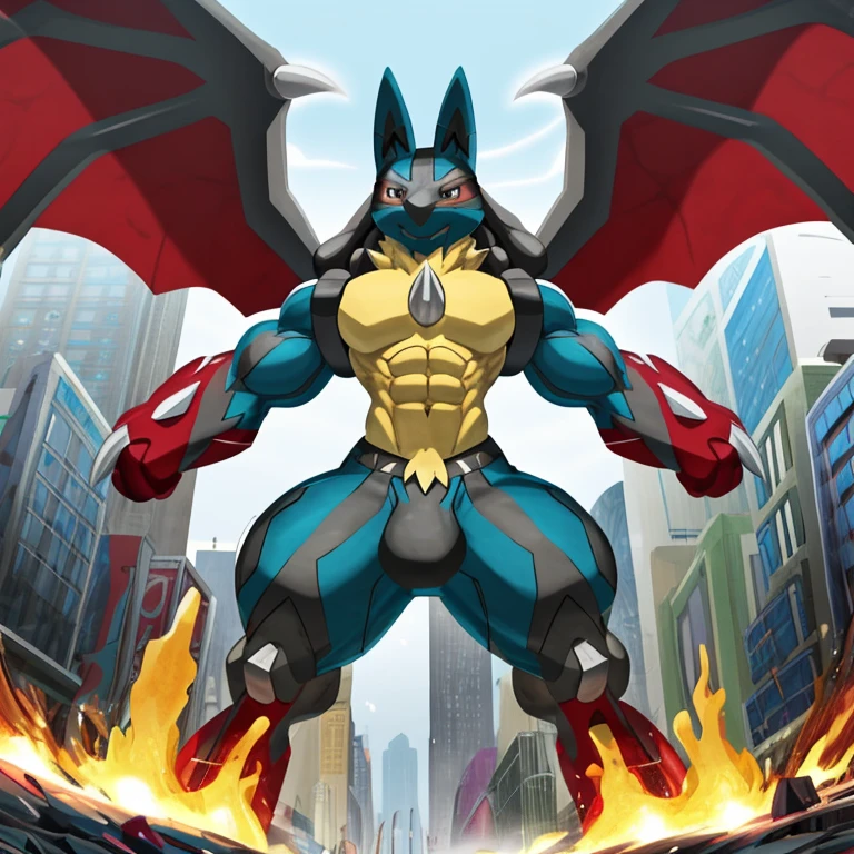 (masterpiece. official art. 8k. best quality. detailed full body. full body.)

(situation 1 : dominating mega_lucario. mega_lucario is over 1000 meters long. focus GIANT mechanical Muscular mega_lucario is trampling the city. Looking down. macro. stomp. Low-angle perspective. emphasizing the immense size.)

(situation 2 :smoke and flames rising from the destruction in the city)

(Additional details 1: wearing a full-face helmet. high-tech bio-mecha armor. real texture material. whole body shines like metal. Wearing cyberpunk mecha. emphasizes the muscles. suit fully made of metal. intricate armor. Robotic suit. suit fully made of metal. cyborg. Powered exoskeleton with the same design as mega_lucario).

(Additional details 2: (Detailed head. Detailed Body. Detailed abs. gigantic muscles. HYPER MUSCLES. Gigachad Muscular. big muscle. pecs. triceps. traps. unusually developed muscular body. body full of huge muscles. showing off muscles. pectorales enormes. Exaggeratedly huge muscles. huge muscles. long legs.).

(Additional details 3: Spread wings. It has wings. have big wings. golden wings. The claws are sharp. Sharp teeth.).

(Additional details 4: black color hyper penis. hyper black penis. big penis)