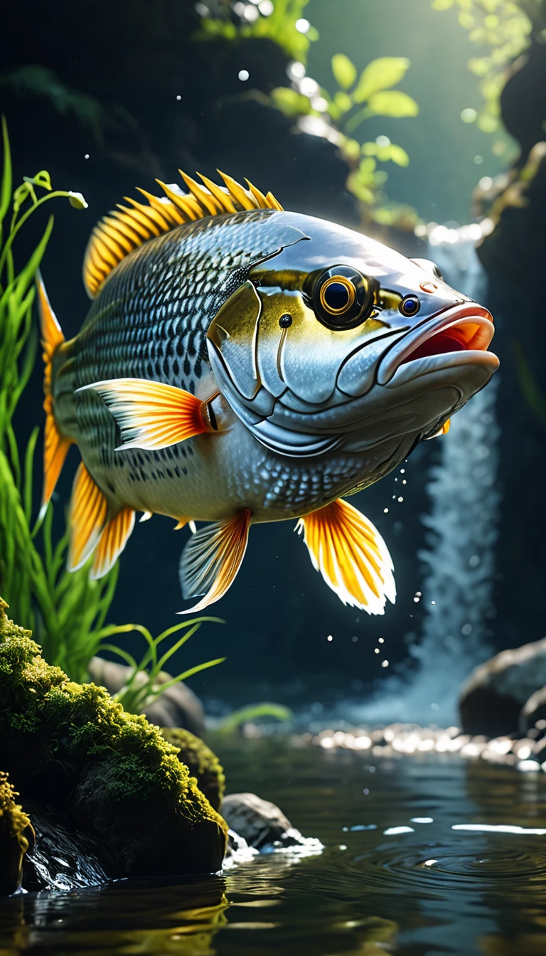 There is a fish in the river that is a combination of a fish head and a human body,Human heads,Mysterious Creatures, shrike, (best quality,4K,8K,High level,masterpiece:1.2),Ultra Detailed,(lifelike,Photo real,Photo real:1.37),Highly detailed animals,Complex patterns,Realistic lighting,Fantasy Creatures