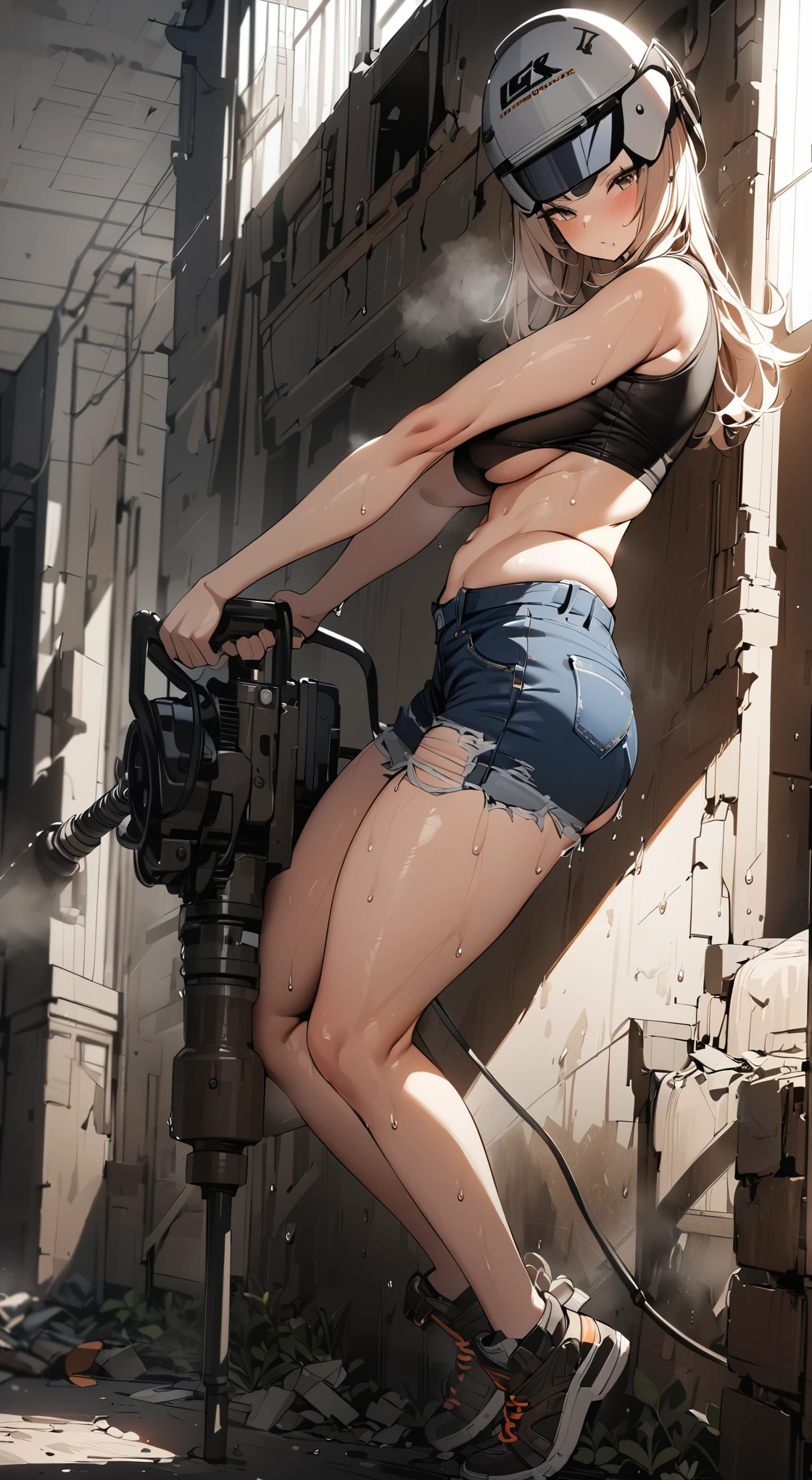 Masterpiece, best quality, 4k, photographic,1girl, thicc craftswoman , large butt, wide hips, ripped daisy dukes, crop top, helmet, sweaty, holding a jackhammer, old building, from side, butt crack visible