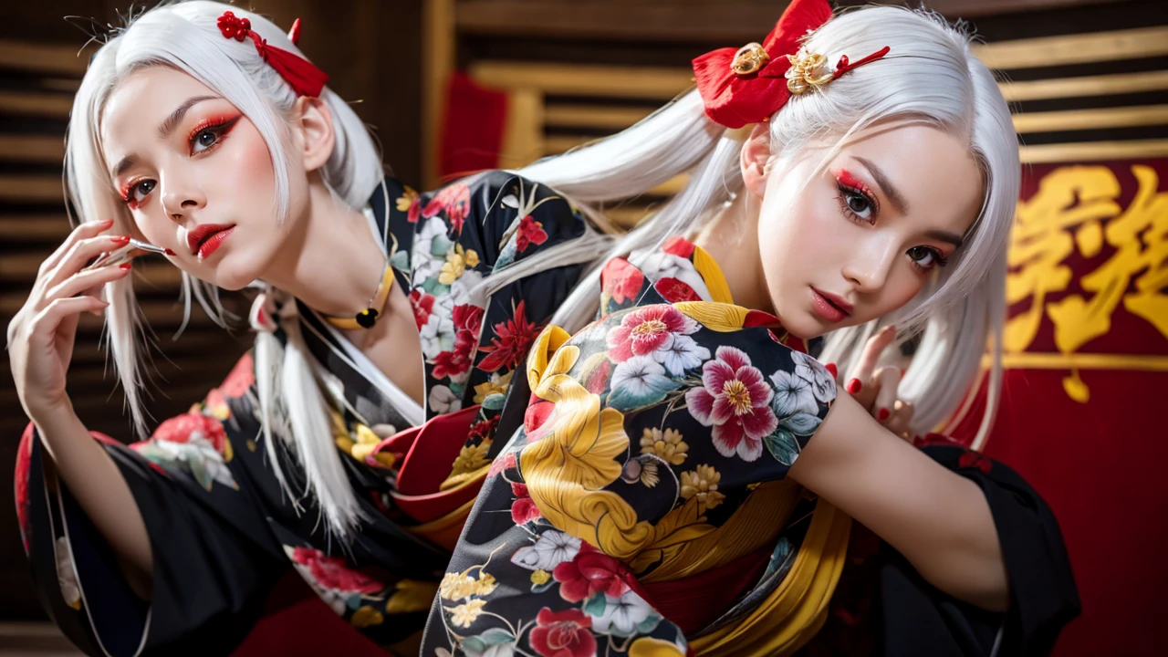 White hair Red eyes kimono Yellow Fang hairpin tattoo