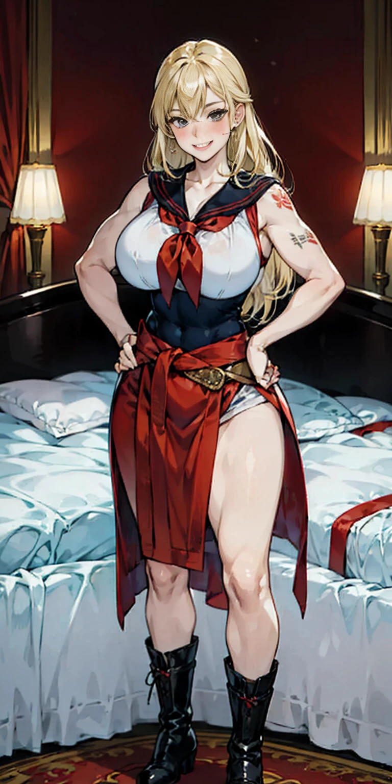 woman bodybuilder with very large calves very beautiful resemblance sailor uniform, full body standing symmetrical lustful smirking smile face (red blush), martial art, bouquet of flowers holding, full body toe to head, feet together, high boots, big breast, paladin warrior knight, hands on hips. red tattoo on belly, bedroom background, royal bedroom