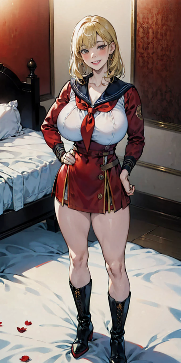 woman bodybuilder with very large calves very beautiful resemblance sailor uniform, full body standing symmetrical lustful smirking smile face (red blush), martial art, bouquet of flowers holding, full body toe to head, feet together, high boots, big breast, paladin warrior knight, hands on hips. red tattoo on belly, bedroom background, royal bedroom